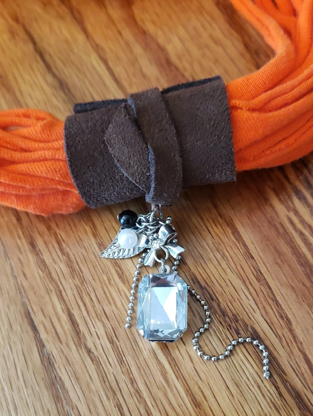 Orange Multi-strand Shred Circle Scarf W/ Brown Knot & Charms -OS